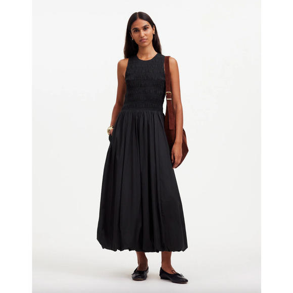 Madewell The Melody Bubble Hem Smocked Midi Dress Poplin Cotton Black XXS NWT - Picture 1 of 15